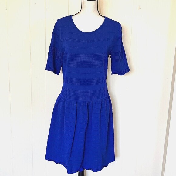 Eliza J Dress Womens XL Royal Blue 3/4 Sleeve Textured Fit-N-Flare Mini Rib Trim - Picture 2 of 13